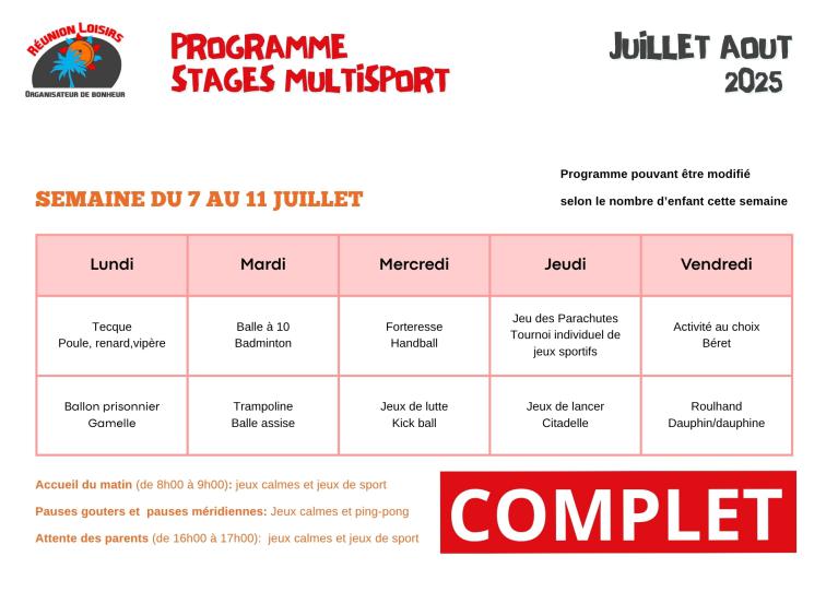 Stage multisport du 7 au 11 juillet 2025