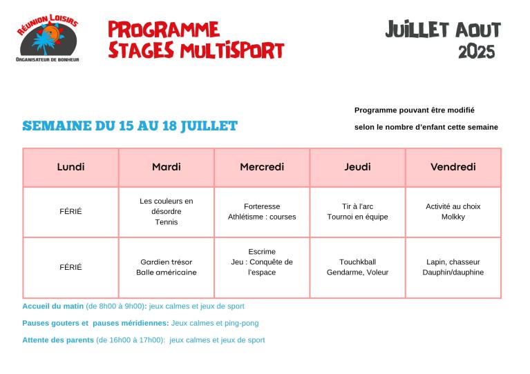 Stage multisport du 15 au 18 juillet 2025
