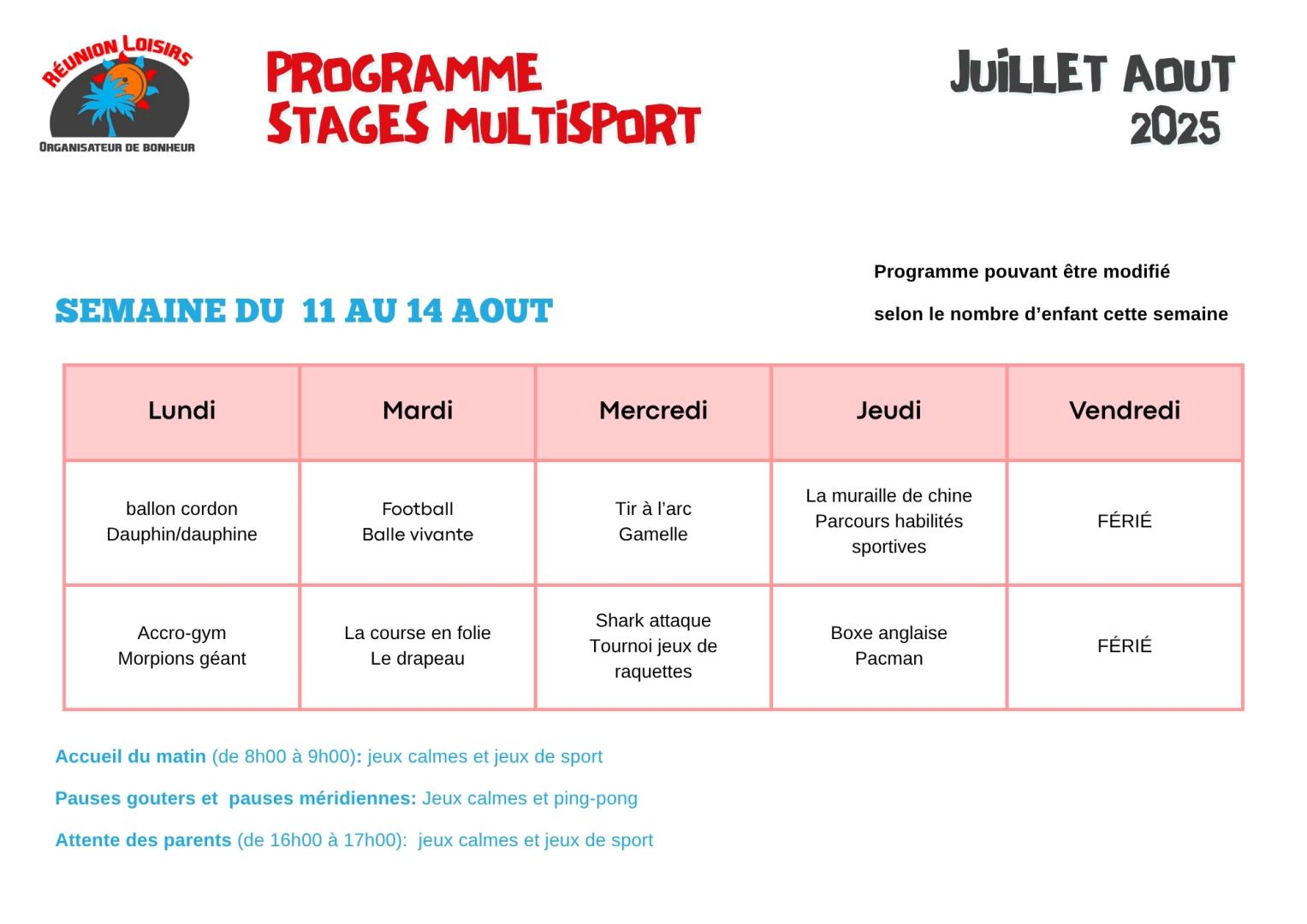 Stage multisport du 11 au 14 aout 2025